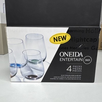 ONEIDA Set 4 Stemless Wine Glasses Entertain 365 Decorated Clear Multicolor 16oz