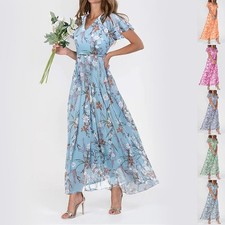 Flowers Print Short Sleeve Dress Summer Fashion Ruffle Beach Dresses Women's Clo