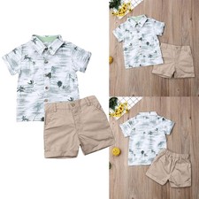 Baby Boys Lapel Short Sleeve Print Shirt Solid Shorts 2PCS Summer Outfit Set