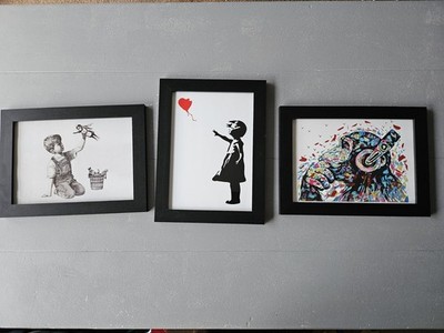 3er Set Banksy Style Drucke Ballon Girl Game Changer DJ Affe gerahmte Drucke