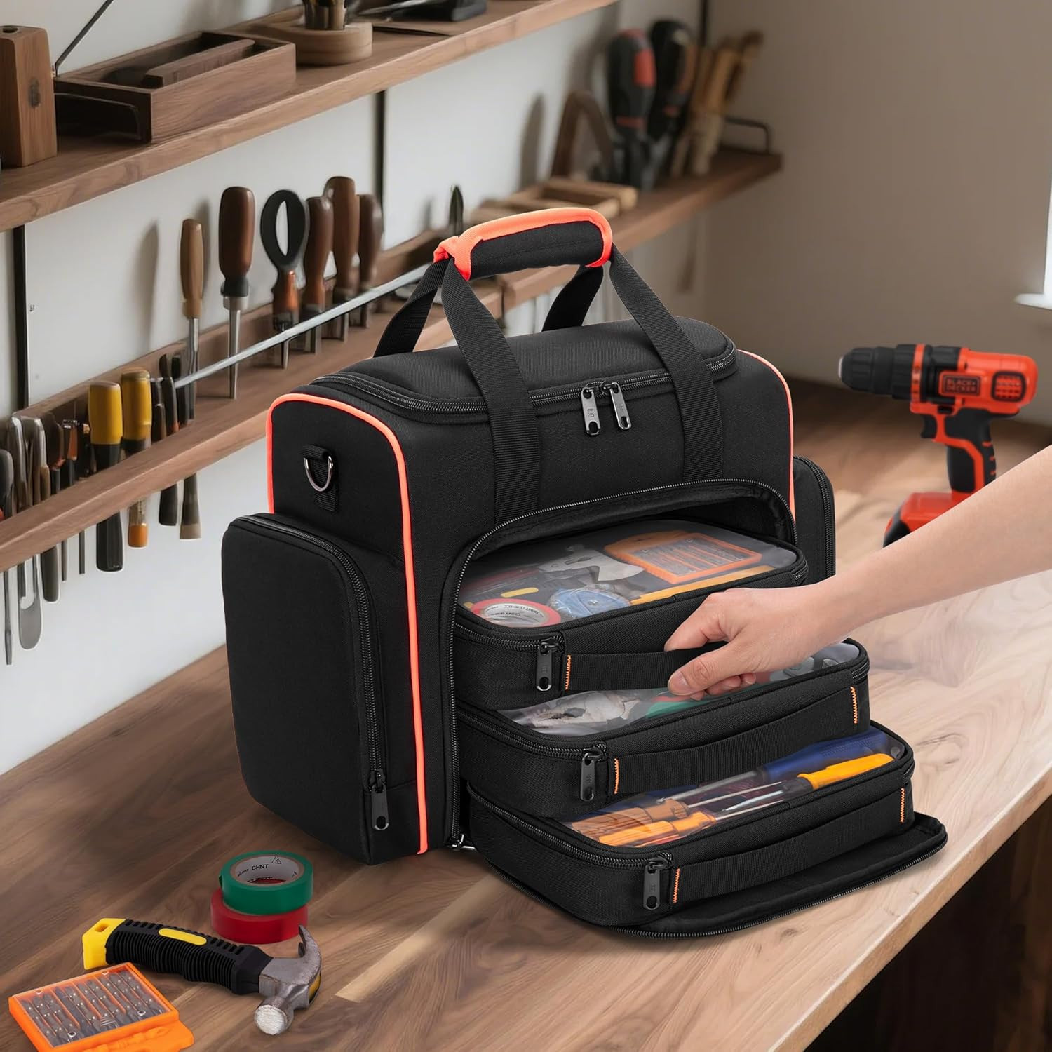 Tool Bag with 3 Removable Cases, 2 Layers Tool Tote for Hand Tools, Black with R