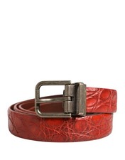 Dolce&Gabbana Men Red Waist Belt 100% Leather Crocodile Skin Metal Buckle Strap