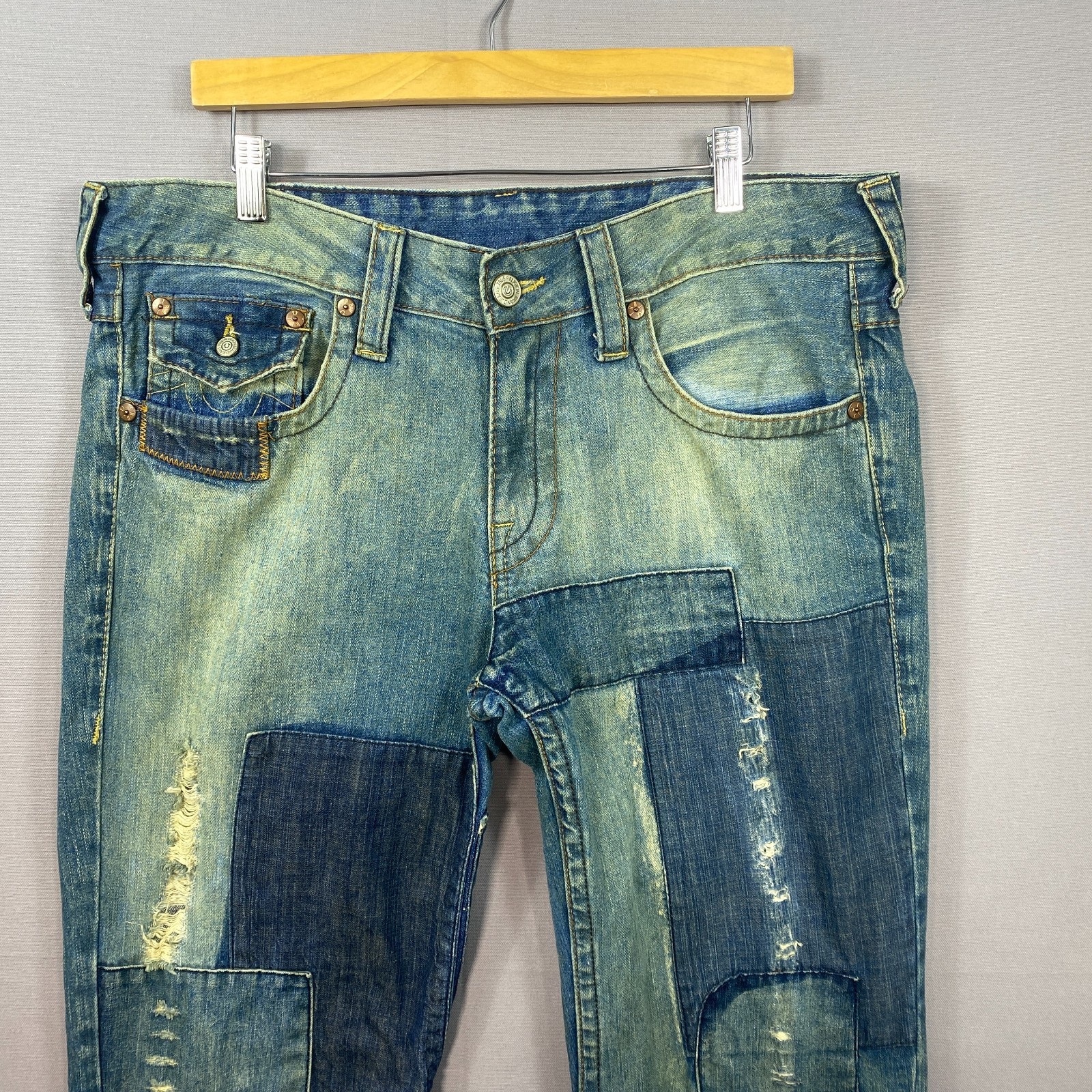 True Religion Jeans 38x34 fits 34x34 Joey Flare Mud Wash Patched Y2K Grunge image 2