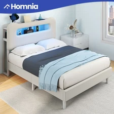 Full Size Bed Frame with Headboard Shelves LED Lights & Charging Outlets Metal