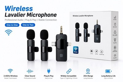 Wireless Lavalier Mikrofon Set 2.4G   Plug & Play   USB-C / Lightning / 3.5mm  