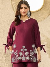 Women Maroon Embroidered Kurti Top 3/4 Sleeve Ethnic Tunic Blouse/India