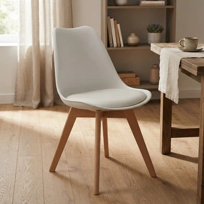 Comfortable Curved White Dining Chair with Beech Wooden Legs for Modern Homes - Image 1 of 4