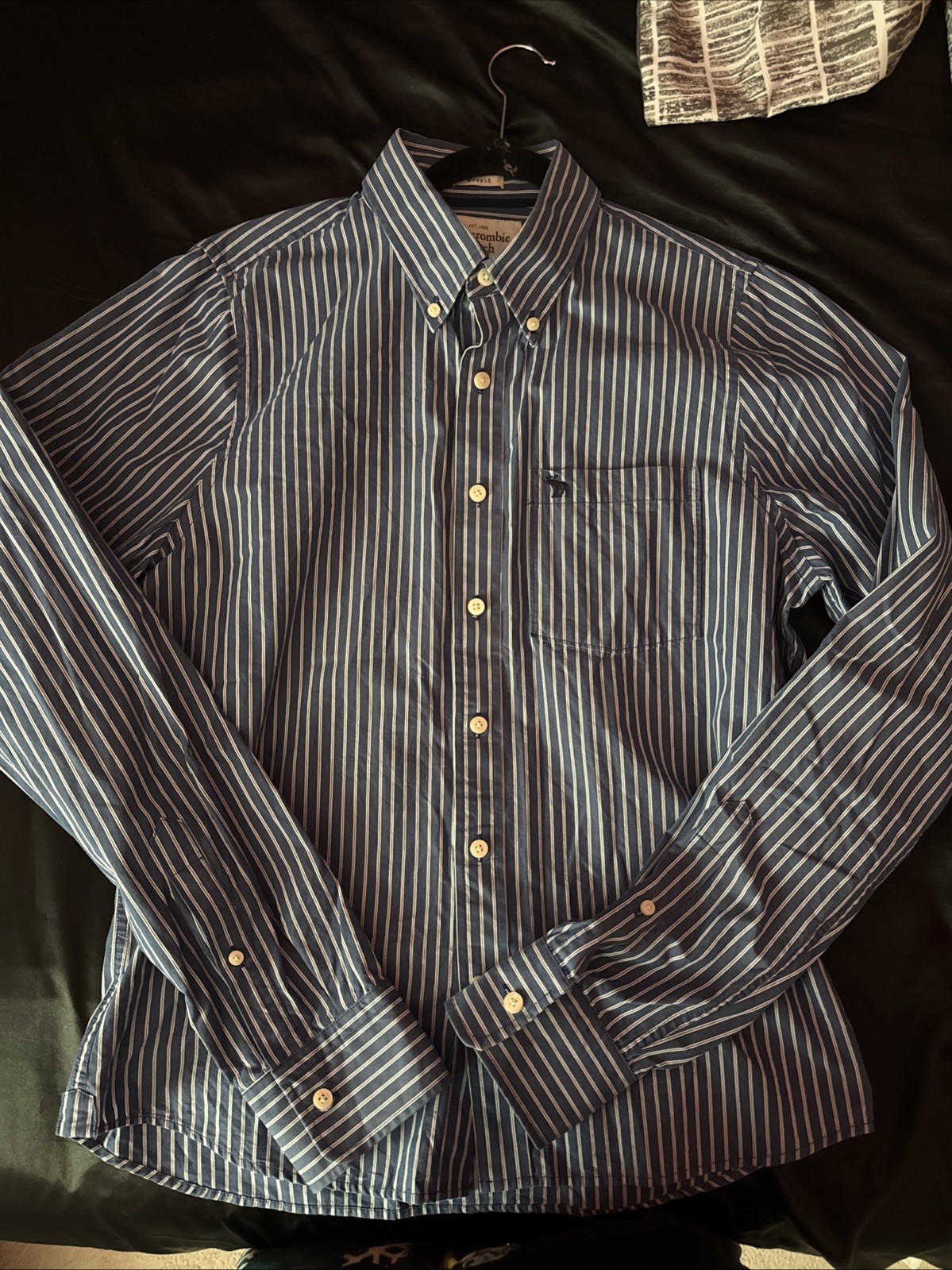 Abercrombie Fitch Shirt Mens XL Blue White Striped Muscle Button Down Moose Logo
