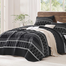 Black King Size Quilt Set, 3 Pieces Boho Striped Bedspread Soft Lightweight Bl