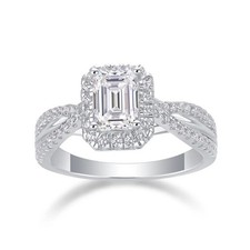 Moissanite Halo Engagement Ring 1 Ct Emerald Cut 14K White Gold Plated