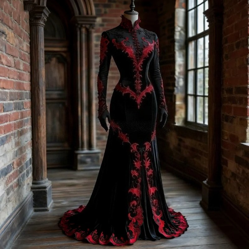 Vintage Black Red Gothic Prom Dresses High Neck Lace Appliques Evening Gowns