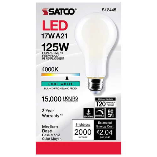 Satco S12445 LED 120 Volt 17W =125W A21 Medium E26 Dimmable 4000K Cool White - Picture 6 of 12