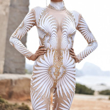 Rhinestone Jumpsuit Catsuit White Feather Printed Tights Playsuit Pole Costumes