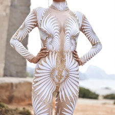 Rhinestone Jumpsuit Catsuit White Feather Printed Tights Playsuit Pole Costumes