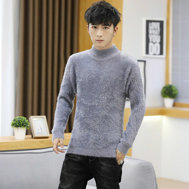 Men Mohair Sweater Jumper Turtleneck Knitwear Top Pullover Warm