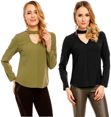 Women's top long sleeve blouse shirt elegant sleeves tops collar khaki black x82