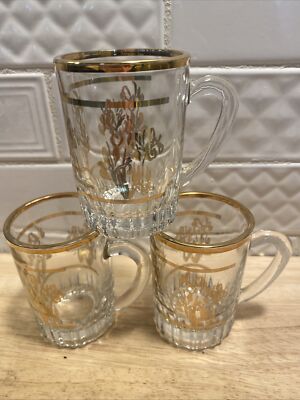 (3) Pasabahce-Turkey-Clear Glass/Gold Painted Flowers- Tea/Espresso Cups/Mugs