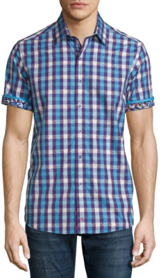 Robert Graham Griswold Check Short Sleeve Shirt Purple Pattern Men XL NWOT