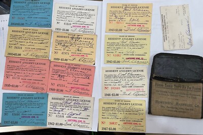 Same Fellow 13 Oregon Fishing Licenses And Cloth Holder. All Same Fellow 1934 ...