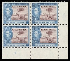 Gambia 1946 KGVI 1s3d chocolate & light blue Plate 1 block of four MNH. SG 156a.