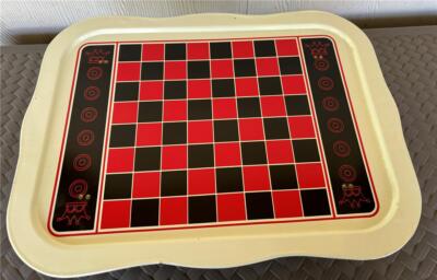 Vintage 1970's metal tv lap tray chess checker board folding 21.5