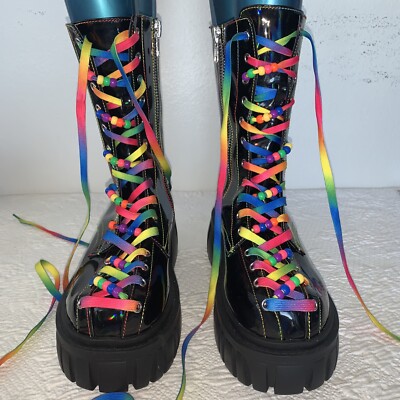 Club Exx rainbow Neon beaded Club combat boots Sz 10 M