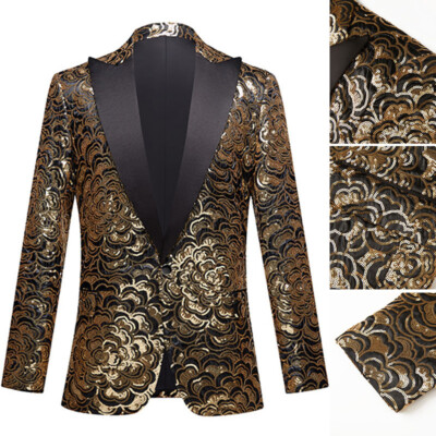 Herren Formell Blume Pailletten Kleid Jacke Anzug Blazer Peak Showman Mantel