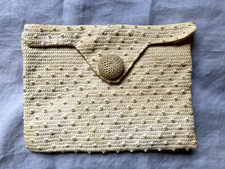 Antique Ecru Crochet Lined Cotton Purse Tote Clutch 8" X 6" Keepsake Handmade