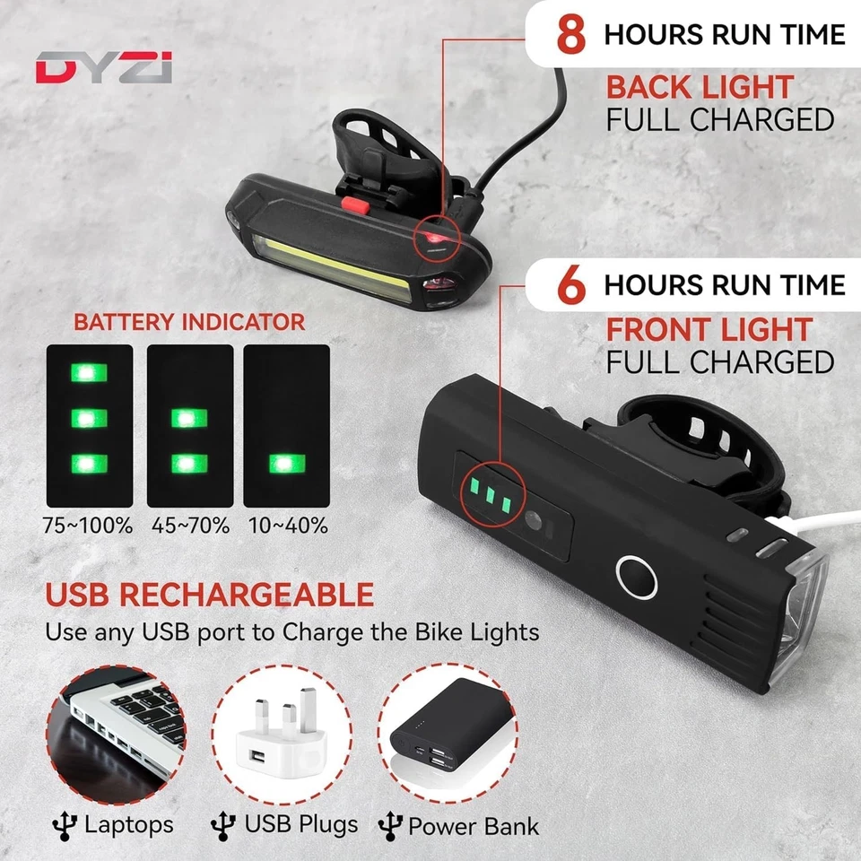 BICYCLE / SUPER BRIGHT BIKE LIGHTS SET FULLY RECHARGEABLE LIGHT WATERPROOF DYZI - Image 2 of 4