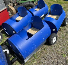 Blue Tow-Behind Barrel Train Ride-On Wagon Cart