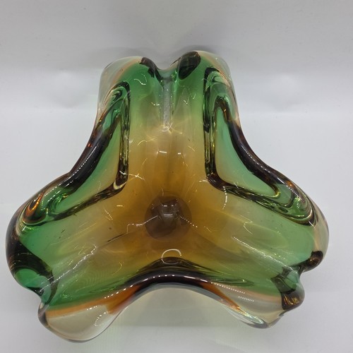 Murano Sommerso Art Glass Ashtray Bowl 6" Green Amber Italy MCM