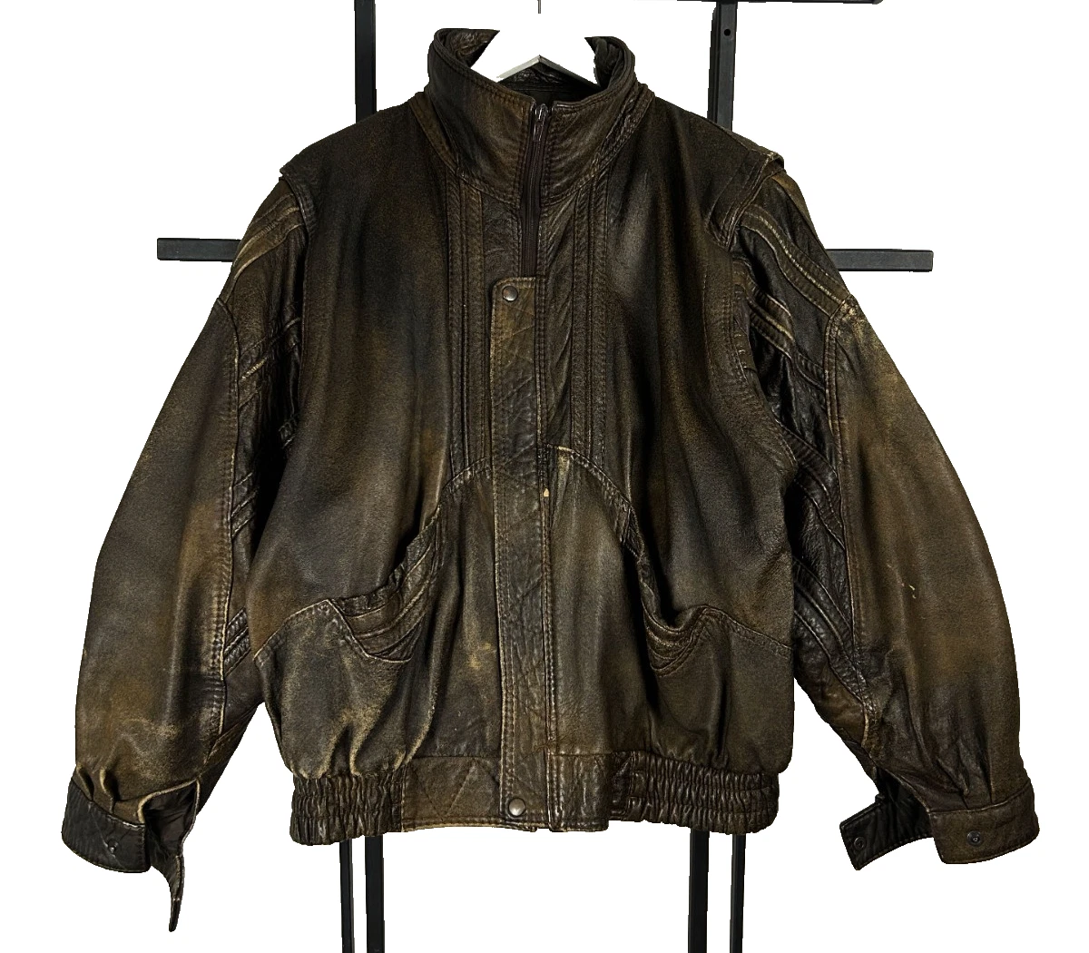 Mens Vintage Distressed Leather Bomber Jacket Oversized 80s 90s Retro Aviator