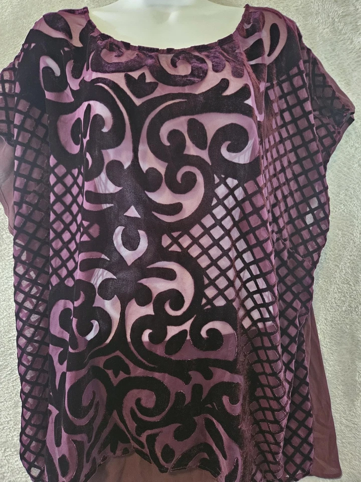 Blusa Lane Bryant Top Mujer 22/24 Púrpura Negra Terciopelo Burnout Túnica Transparente Boho Foto 4 de 4