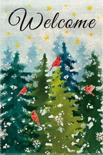 Welcome Holiday Garden Flag Cardinals  Winter Trees Double Sided Burlap 12"x18"