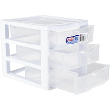 Sterilite Small 3 Drawer Unit, Clear Plastic Countertop or Desktop Drawers,White