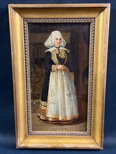 Tableau huile sur panneau XIXe femme bretonne en costume traditionnel Bretagne