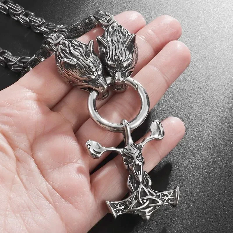 🔥 Herren Edelstahl Wikinger Kette 🐺 Wolfskopf Mjölnir Thors Hammer Amulett ⛓️ - Bild 4 von 4