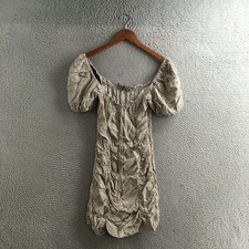 ZARA Dress Womens S Beige Black Polka Dot Square Neck Puff Sleeve Ruched Mini