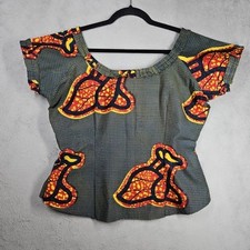 Handmade Original Short Slv Wide Scoop Neck Ruffled Blouse Blue Yellow Red Sz XL