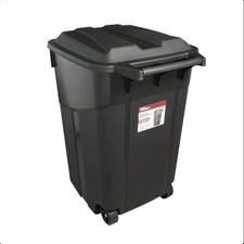 45 Gallon Wheeled Heavy Duty Plastic Garbage Can, Attached Lid, Blac