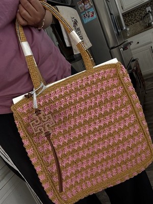 Tory Burch Straw Tote Style 165844 in Pink Carnation/Turmeric Logo