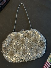 Vintage Silver Bead and Sequin Handbag Chain Handle Cocktail Party Prom Club