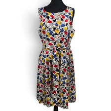 Anne Klein Dress Womens 14 Fit and Flare Multicolor Abstract Floral Belted EUC