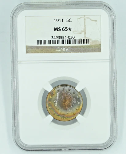 1911 NGC MS65* Liberty V Nickel Colorful Rainbow Toning