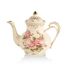YOLIFE Ivory Rose Teapot, 35oz/ 4 Cup Ceramic Tea Pot with Infuser for Loose ...
