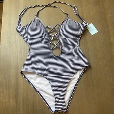 CUPSHE Black/White Stripe  1 Piece Swimsuit SZ L NWT Beach Backless  Adjustable