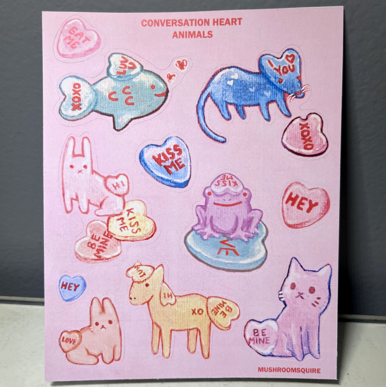 Conversation Heart Animals PAPER Sticker Sheet Handmade valentine mushroomsquire