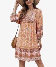 Bluetime Women Casual Boho Summer Dress Orange L