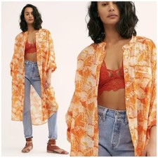 Free People Tropical Hawaiian Midi Tunic Top Size Medium Lightweight Boho Resort