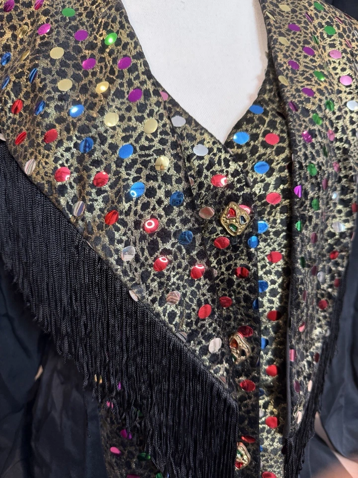 Lentejuelas Leopardo Estampado Disco Vaquero Flecos Chaqueta Falda Chal Festival Western Foto 2 de 4